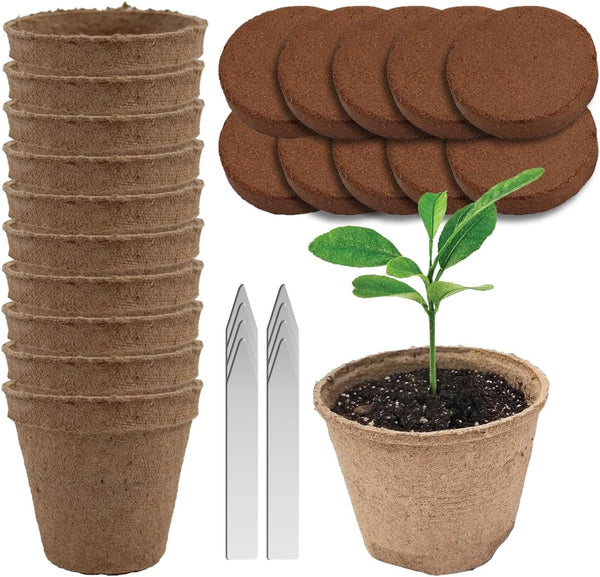 Seedling Starter Kit Germination Grow Cups and Soil (10 Pack) Biodegradable Peat Pots, Coco Coir Soil Discs, Plant Markers - Organic Grow Kit for Seed Germination, Indoor/Outdoor (1) - Garden Haven