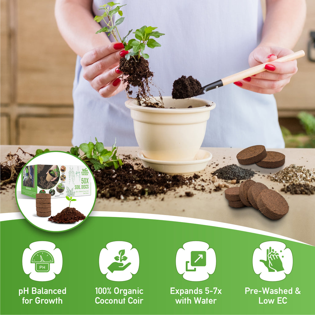 50x Coco Coir Seed Starter Discs 50mm | Organic Coconut Coir pellets for Seed Starting | Pre - Washed, pH Balanced | Compressed Soil Discs for Herbs, Vegetables & Flowers (Indoor/Outdoor) - Garden Haven