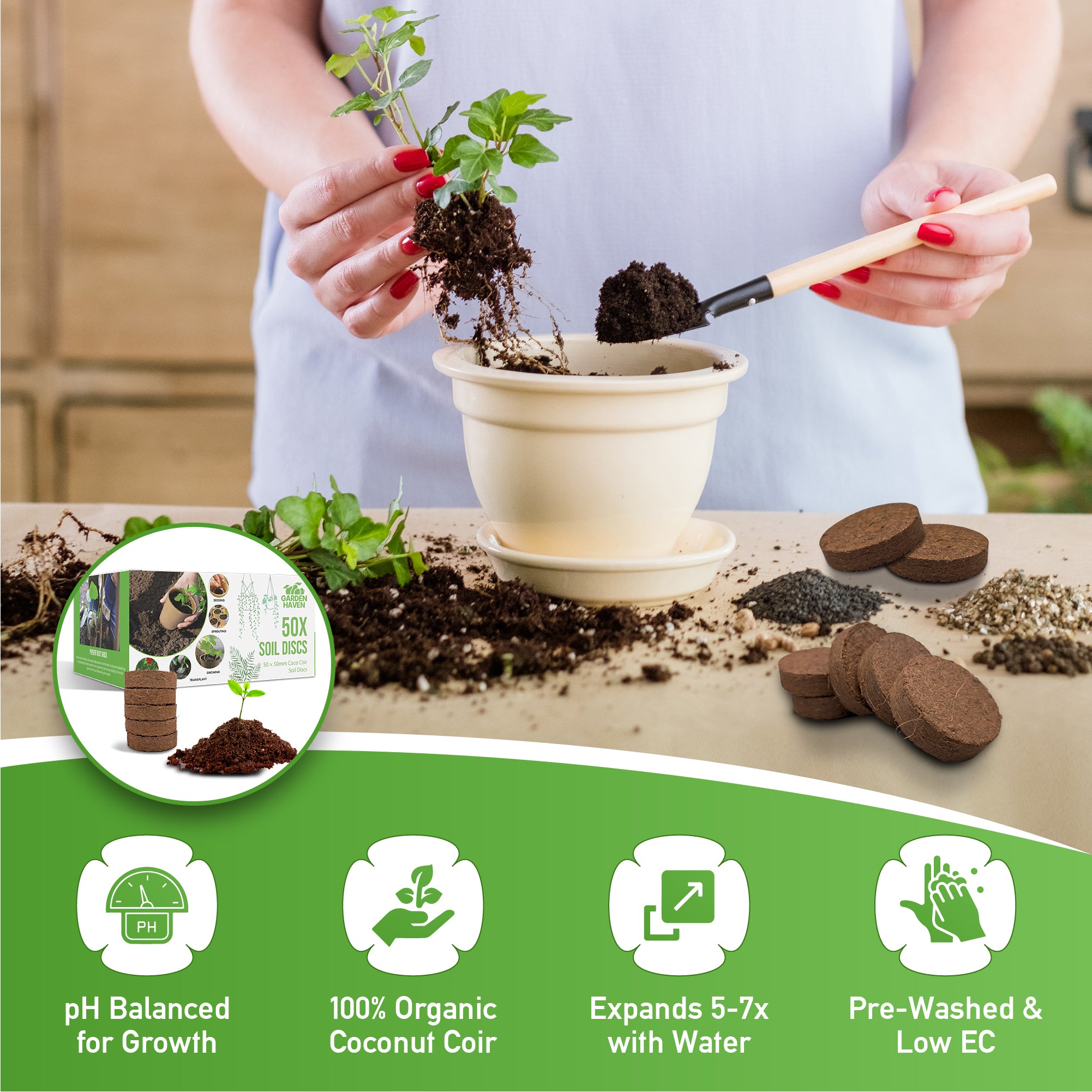 50x Coco Coir Seed Starter Discs 50mm | Organic Coconut Coir pellets for Seed Starting | Pre - Washed, pH Balanced | Compressed Soil Discs for Herbs, Vegetables & Flowers (Indoor/Outdoor) - Garden Haven