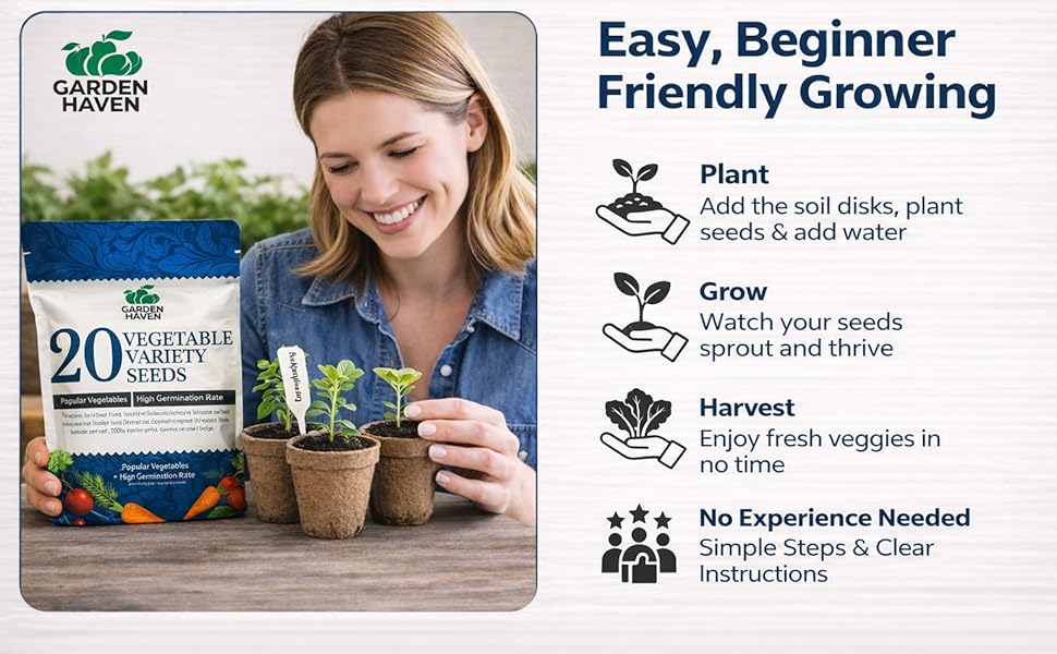 20 Vegetable Seeds Variety Pack - Complete Grow Kit Heirloom Vegetables Indoor Outdoors Vegetable Seeds, Tomatos, Broccoli, Carrots, Lettuce & More - DIY Starter Kit