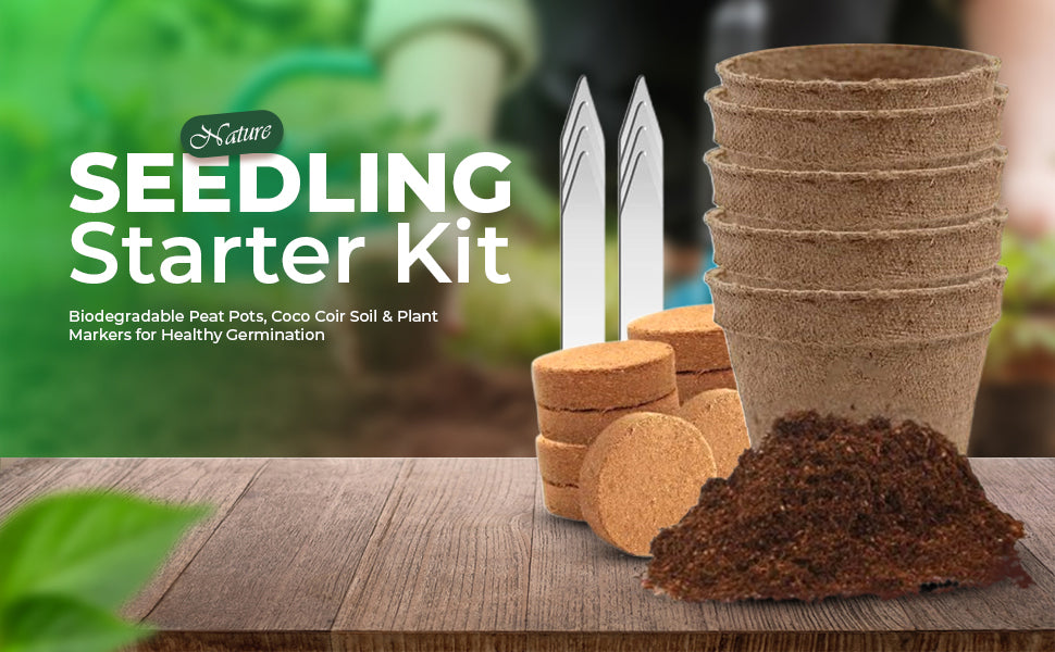 Seedling Starter Kit Germination Grow Cups and Soil (10 Pack) Biodegradable Peat Pots, Coco Coir Soil Discs, Plant Markers - Organic Grow Kit for Seed Germination, Indoor/Outdoor (1)