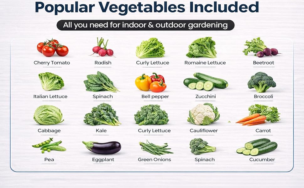 20 Vegetable Seeds Variety Pack - Complete Grow Kit Heirloom Vegetables Indoor Outdoors Vegetable Seeds, Tomatos, Broccoli, Carrots, Lettuce & More - DIY Starter Kit