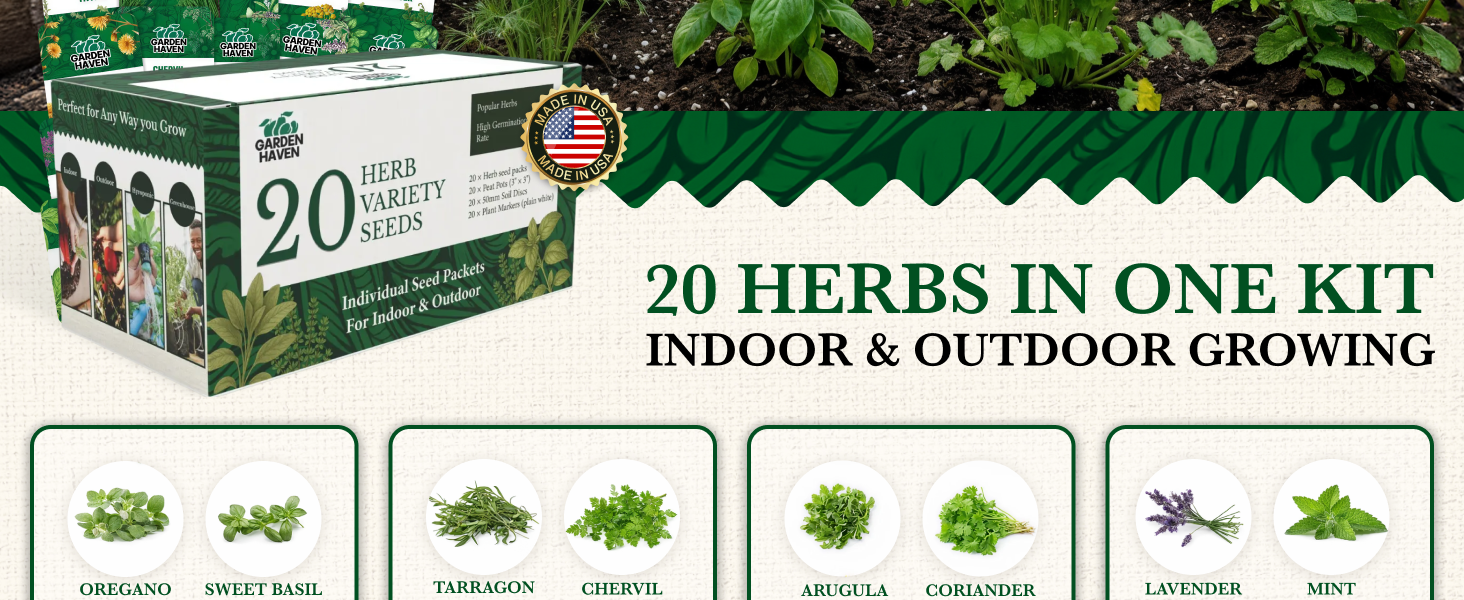 20 HERB Seeds Variety Pack - Complete Grow Kit Culinary Herbs Indoor Outdoors Herb Seeds, Basil, Oregano, Mint, Thyme & More Individually Seed Packets Starter Kit