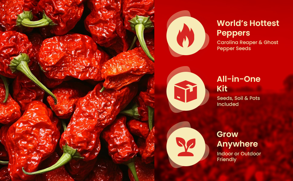 Carolina Reaper Ghost Pepper Grow Kit - All in One Starter Grow Kit - Bhut Jolokia Reaper Seeds, Grow The Hottest Peppers Garden Grow Kit Seeds Included