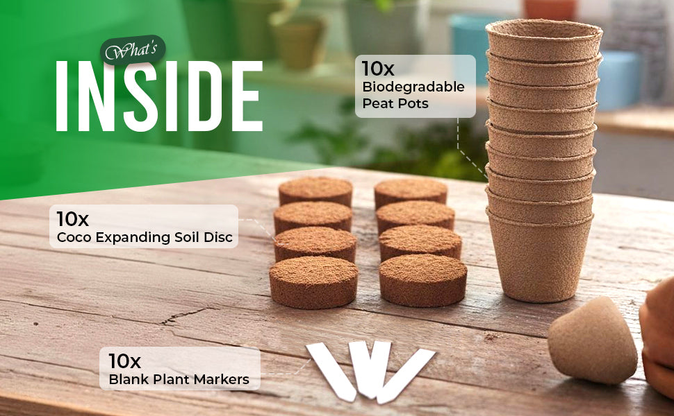 Seedling Starter Kit Germination Grow Cups and Soil (10 Pack) Biodegradable Peat Pots, Coco Coir Soil Discs, Plant Markers - Organic Grow Kit for Seed Germination, Indoor/Outdoor (1)