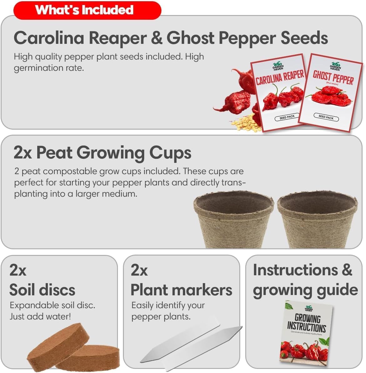 Carolina Reaper Ghost Pepper Grow Kit - All in One Starter Grow Kit - Bhut Jolokia Reaper Seeds, Grow The Hottest Peppers Garden Grow Kit Seeds Included - Garden Haven