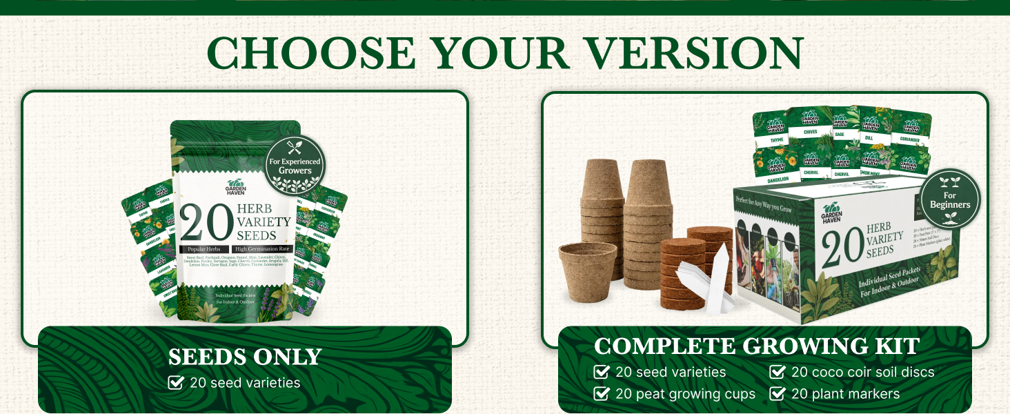 20 HERB Seeds Variety Pack - Complete Grow Kit Culinary Herbs Indoor Outdoors Herb Seeds, Basil, Oregano, Mint, Thyme & More Individually Seed Packets Starter Kit