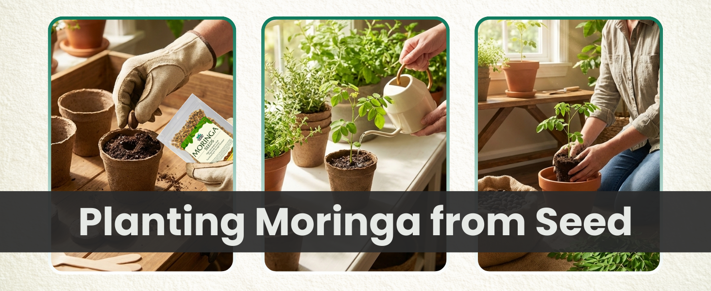 Moringa Oleifera Growing Kit, Moringa Seeds Complete Starter Set with 2 oz Seeds, 5 Peat Pots, Soil Discs, Plant Markers, Fast Growing Drought Resistant