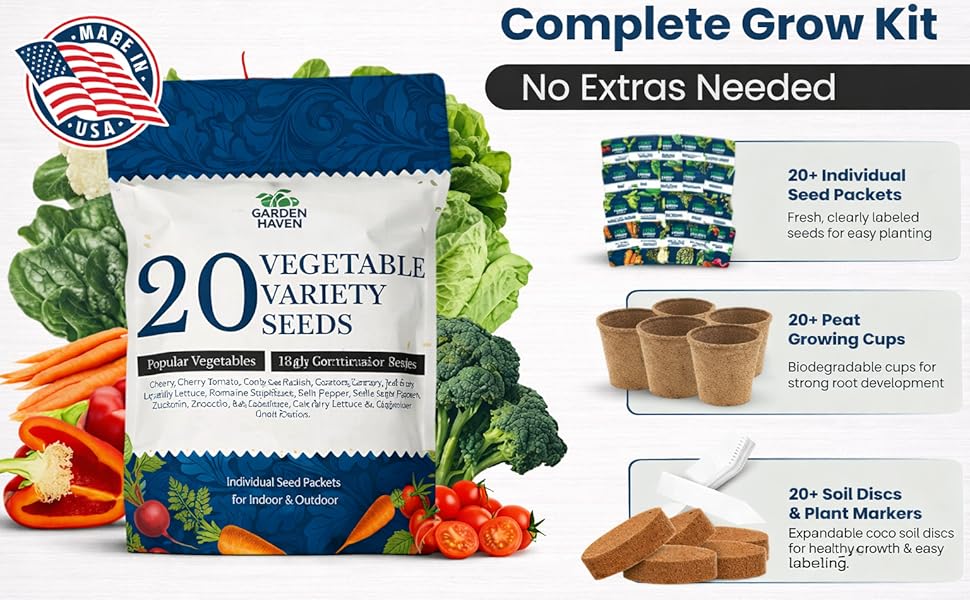 20 Vegetable Seeds Variety Pack - Complete Grow Kit Heirloom Vegetables Indoor Outdoors Vegetable Seeds, Tomatos, Broccoli, Carrots, Lettuce & More - DIY Starter Kit