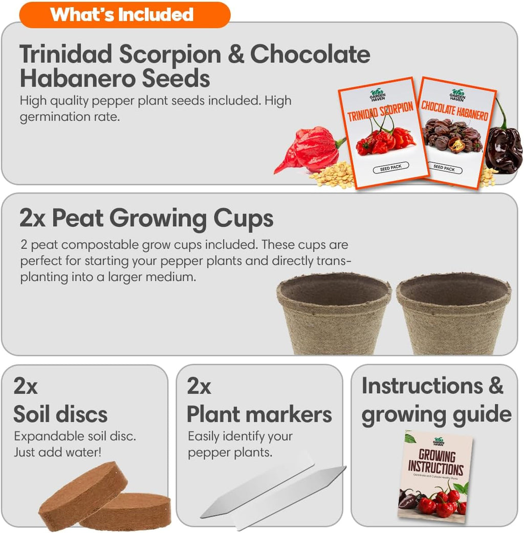 Chocolate Trinidad Scorpion Pepper Seed Starter Kit, Hot Pepper Grow Kit with Peat Pots, Coco Coir Discs, Plant Markers and Instructions, Indoor/Outdoor Growing - Garden Haven
