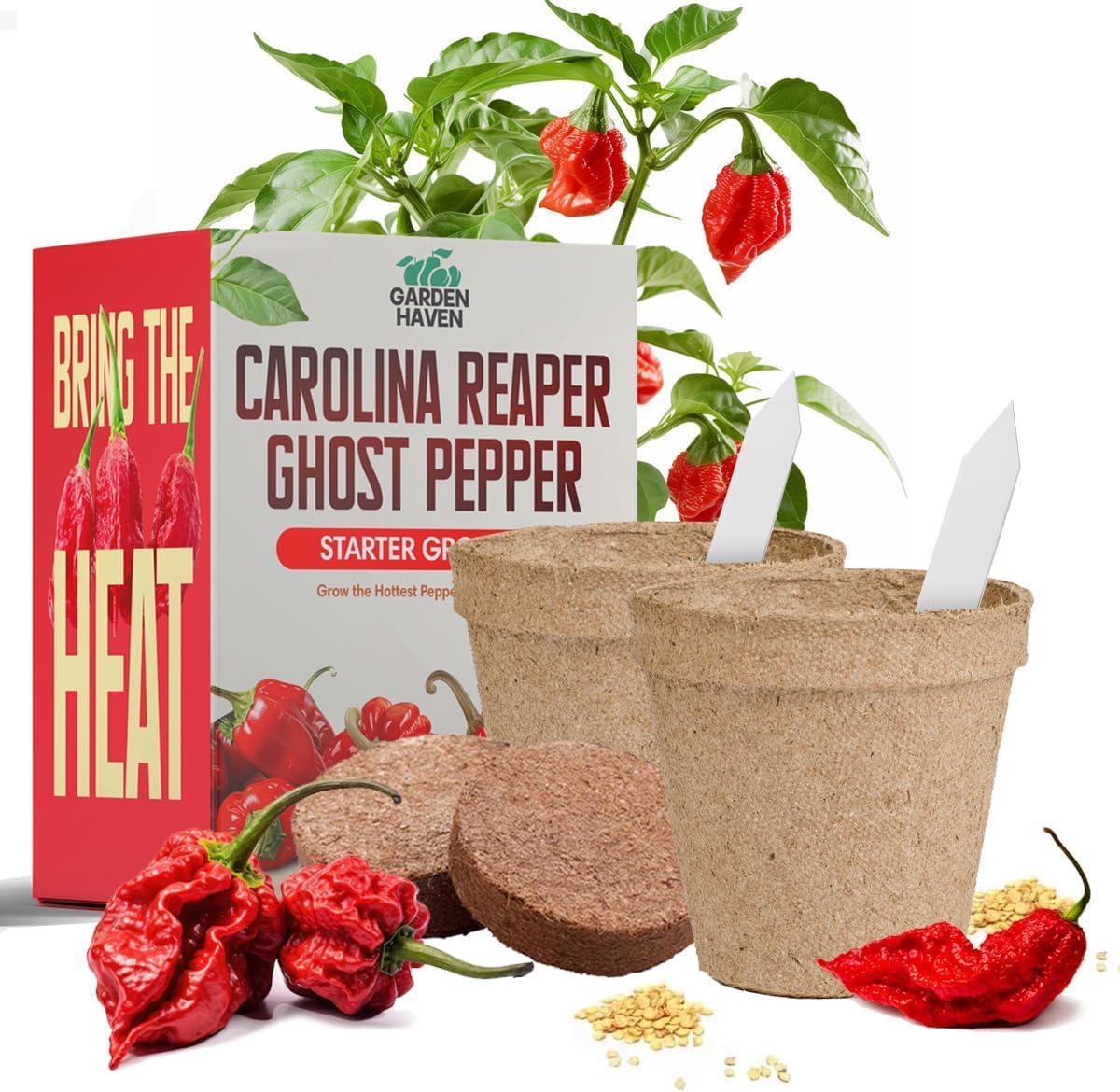 Carolina Reaper Ghost Pepper Grow Kit - All in One Starter Grow Kit - Bhut Jolokia Reaper Seeds, Grow The Hottest Peppers Garden Grow Kit Seeds Included - Garden Haven