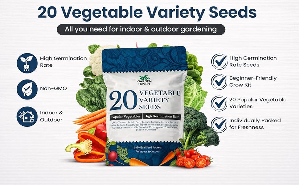 20 Vegetable Seeds Variety Pack - Complete Grow Kit Heirloom Vegetables Indoor Outdoors Vegetable Seeds, Tomatos, Broccoli, Carrots, Lettuce & More - DIY Starter Kit