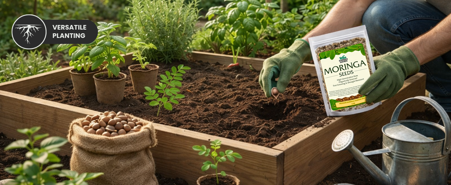 Moringa Oleifera Growing Kit, Moringa Seeds Complete Starter Set with 2 oz Seeds, 5 Peat Pots, Soil Discs, Plant Markers, Fast Growing Drought Resistant