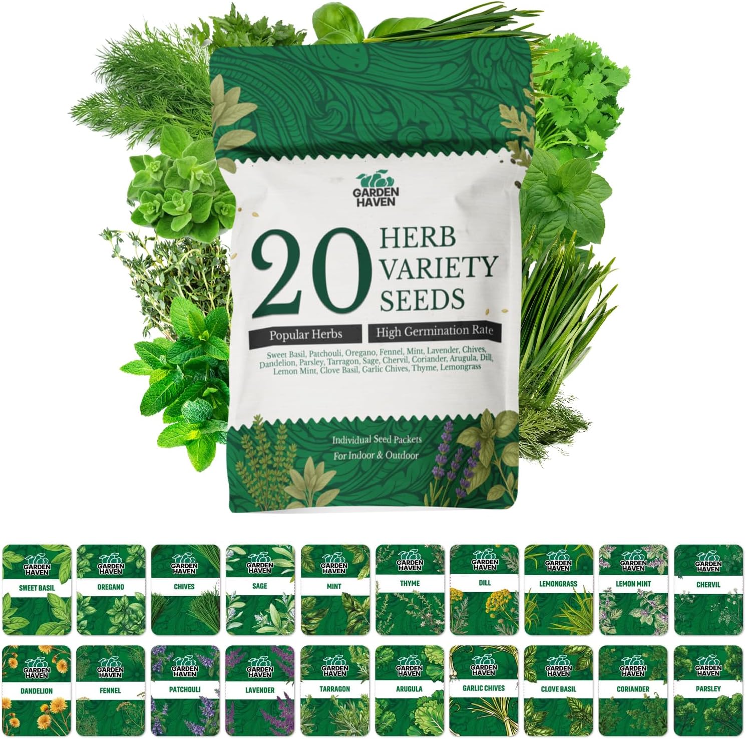 20 HERB Seeds Variety Pack - Complete Grow Kit Culinary Herbs Indoor Outdoors Herb Seeds, Basil, Oregano, Mint, Thyme & More Individually Seed Packets Starter Kit - Garden Haven