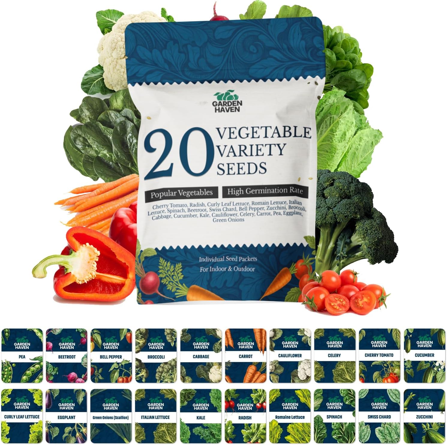 20 Vegetable Seeds Variety Pack - Complete Grow Kit Heirloom Vegetables Indoor Outdoors Vegetable Seeds, Tomatos, Broccoli, Carrots, Lettuce & More - DIY Starter Kit - Garden Haven
