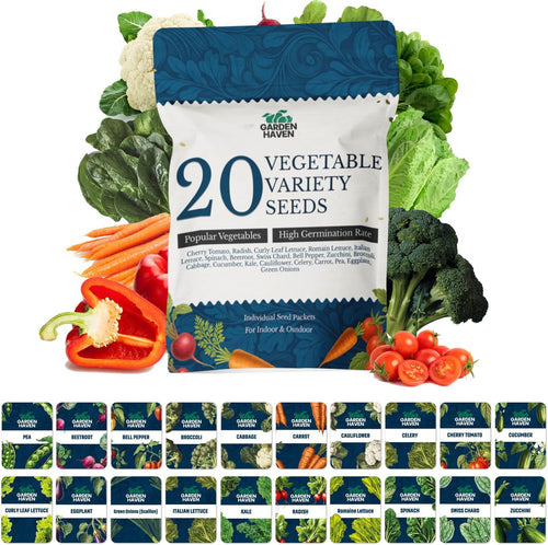 20 Vegetable Seeds Variety Pack - Complete Grow Kit Heirloom Vegetables Indoor Outdoors Vegetable Seeds, Tomatos, Broccoli, Carrots, Lettuce & More - DIY Starter Kit - Garden Haven