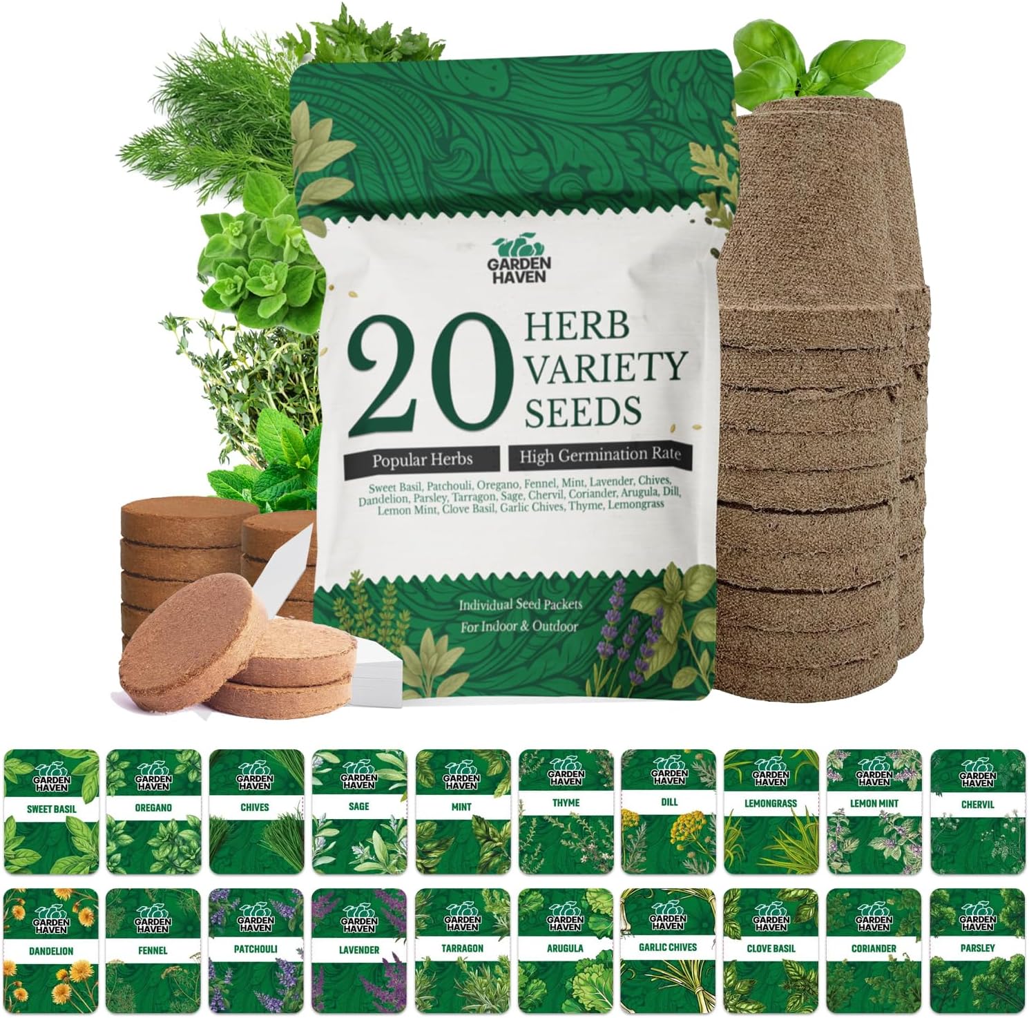 20 HERB Seeds Variety Pack - Complete Grow Kit Culinary Herbs Indoor Outdoors Herb Seeds, Basil, Oregano, Mint, Thyme & More Individually Seed Packets Starter Kit - Garden Haven