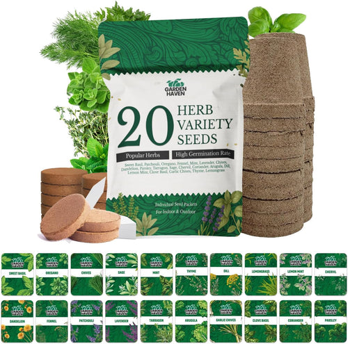 20 HERB Seeds Variety Pack - Complete Grow Kit Culinary Herbs Indoor Outdoors Herb Seeds, Basil, Oregano, Mint, Thyme & More Individually Seed Packets Starter Kit - Garden Haven