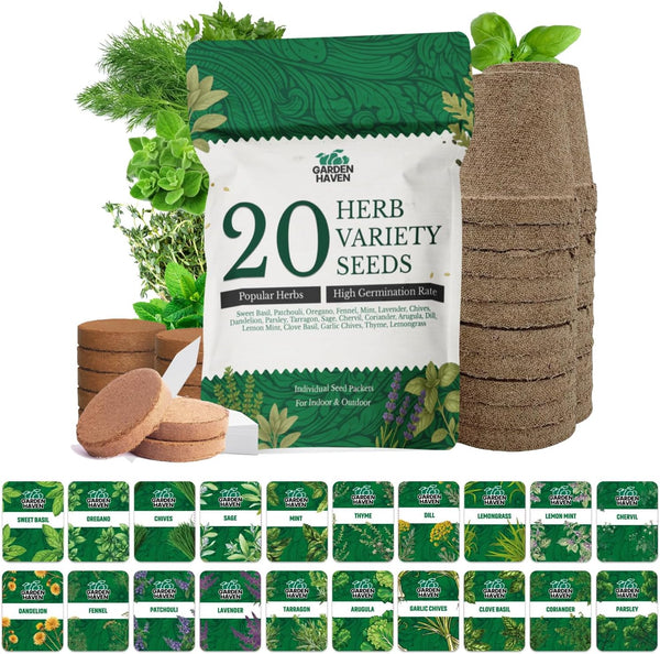 20 HERB Seeds Variety Pack - Complete Grow Kit Culinary Herbs Indoor Outdoors Herb Seeds, Basil, Oregano, Mint, Thyme & More Individually Seed Packets Starter Kit - Garden Haven