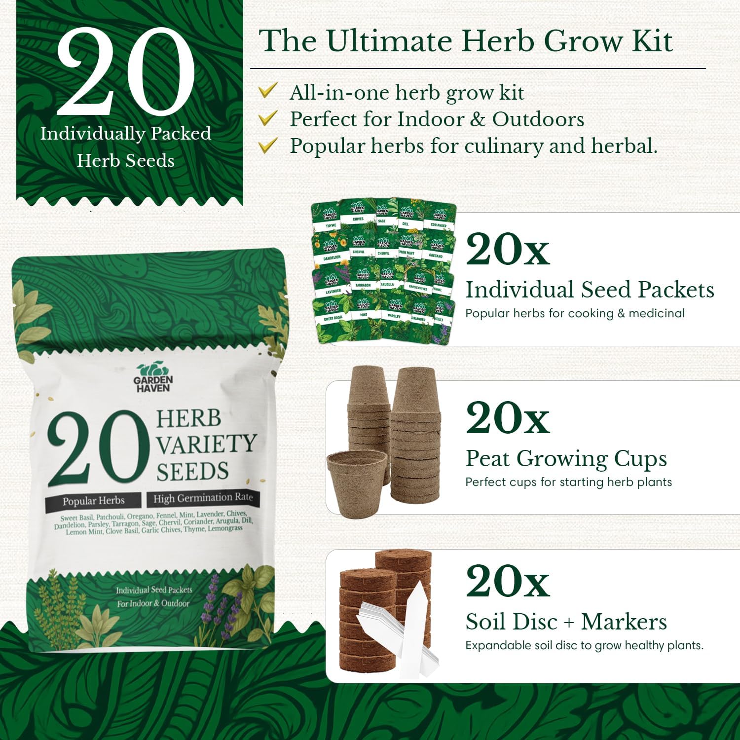 20 HERB Seeds Variety Pack - Complete Grow Kit Culinary Herbs Indoor Outdoors Herb Seeds, Basil, Oregano, Mint, Thyme & More Individually Seed Packets Starter Kit - Garden Haven