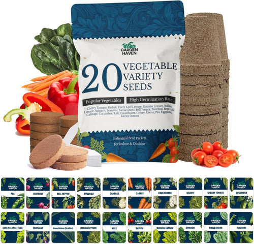 20 Vegetable Seeds Variety Pack - Complete Grow Kit Heirloom Vegetables Indoor Outdoors Vegetable Seeds, Tomatos, Broccoli, Carrots, Lettuce & More - DIY Starter Kit - Garden Haven