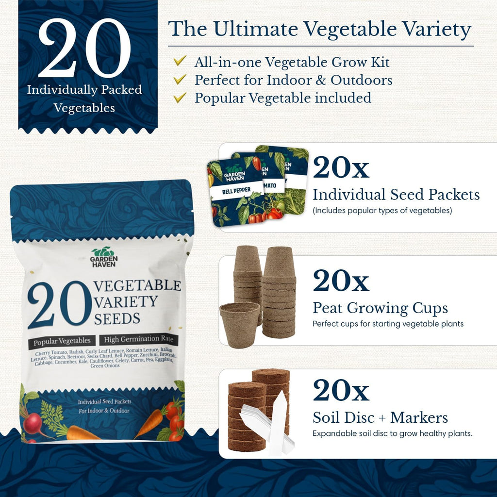 20 Vegetable Seeds Variety Pack - Complete Grow Kit Heirloom Vegetables Indoor Outdoors Vegetable Seeds, Tomatos, Broccoli, Carrots, Lettuce & More - DIY Starter Kit - Garden Haven