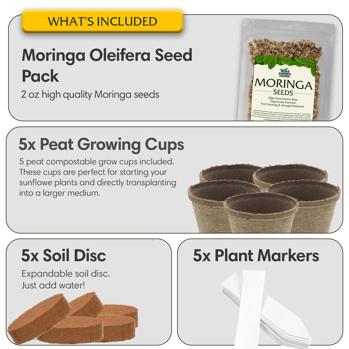 Moringa Oleifera Growing Kit, Moringa Seeds Complete Starter Set with 2 oz Seeds, 5 Peat Pots, Soil Discs, Plant Markers, Fast Growing Drought Resistant - Garden Haven